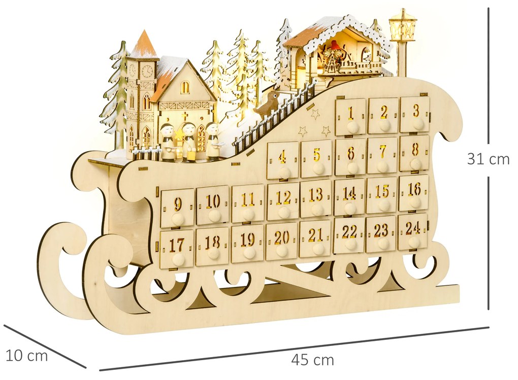 Calendar Advent din Lemn in Forma de Sanie cu 24 de Sertare de Umplut, Decoratiuni si Lumini 45x10x31cm HOMCOM | Aosom RO