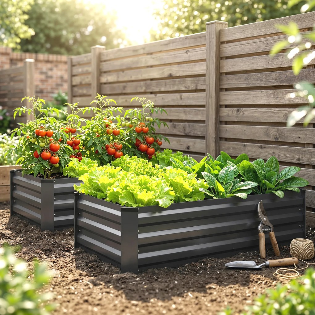 Outsunny Set de 2 Paturi Galvanizate Inaltate pentru Gradina, Cutie de Plantare Inaltata pentru Exterior, Usor de Asamblat, pentru Cultivarea Florilor
