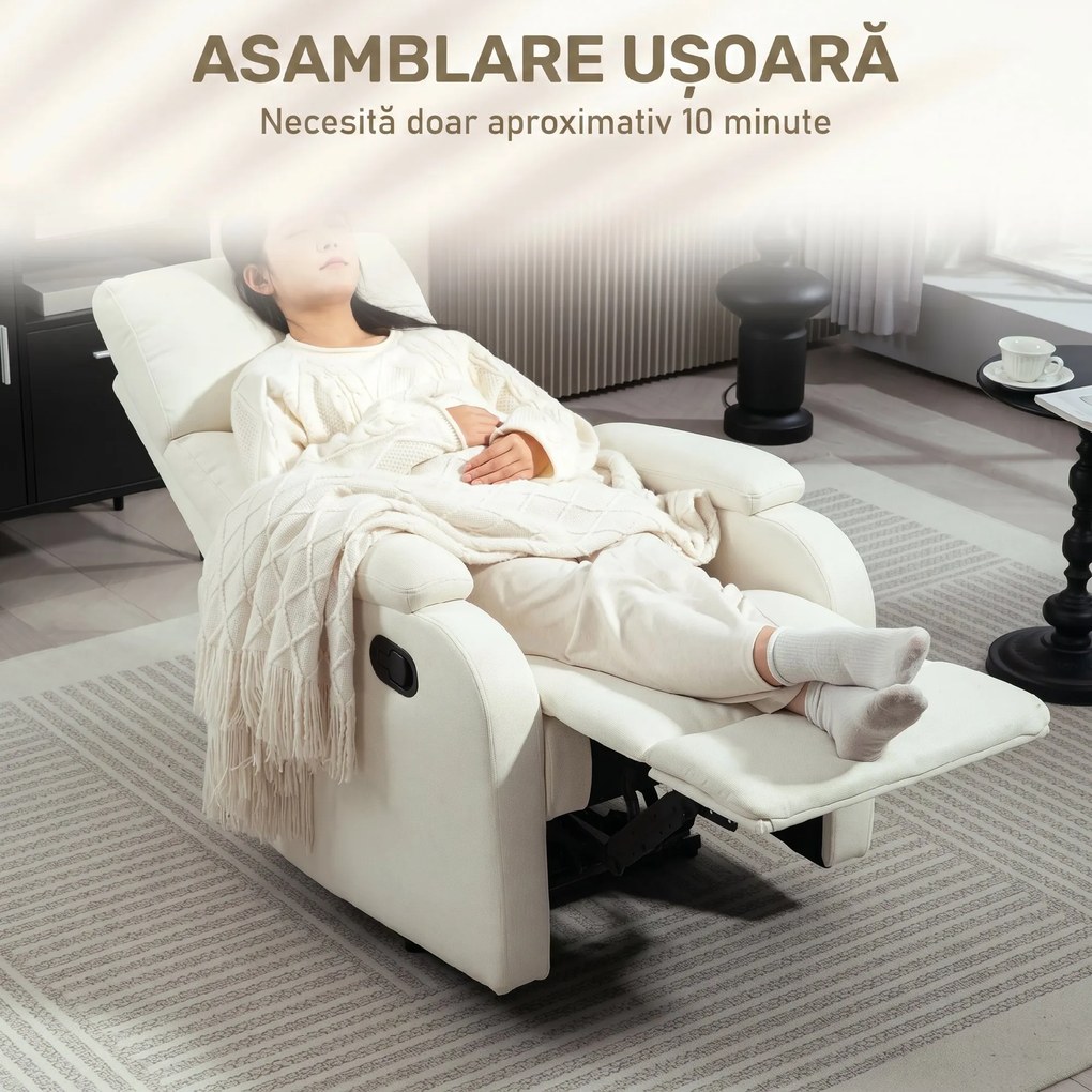 HOMCOM Fotoliu Recliner din In cu Suport Reglabil pentru Picioare, 69x91,5x103 cm, Alb crem | Aosom Romania