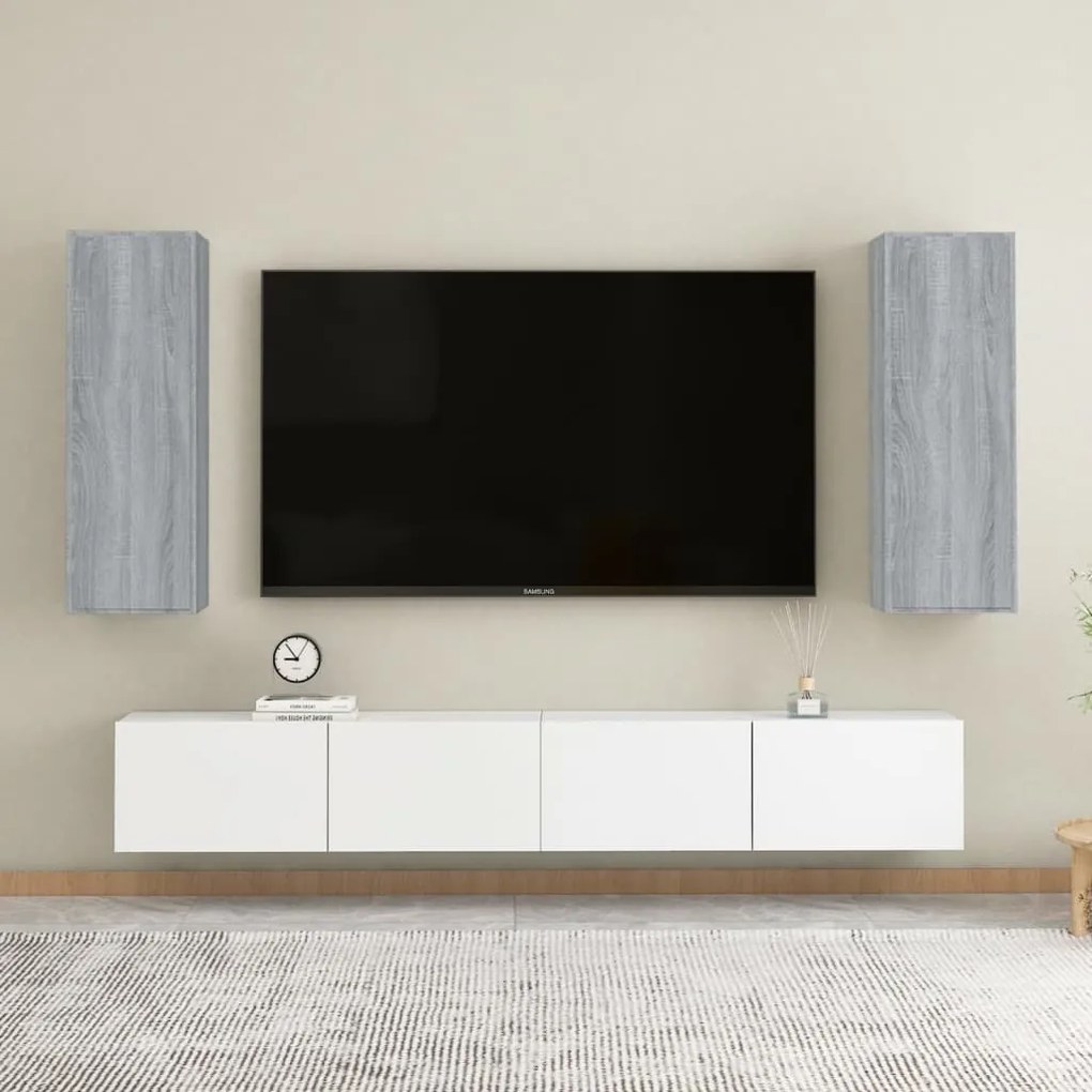 815750 vidaXL Comode TV, 2 buc., gri sonoma, 30,5x30x90 cm, lemn prelucrat