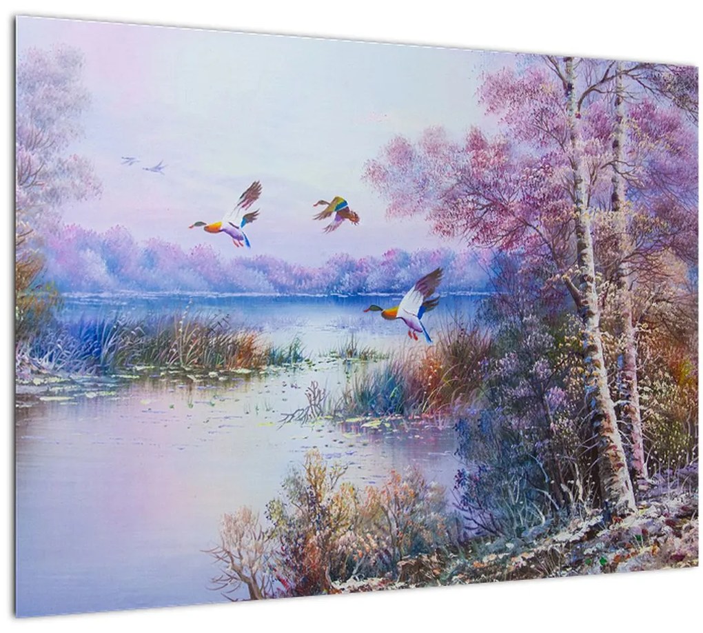 Tablou pe sticlă - Sosirea toamnei, pictură în ulei (70x50 cm)