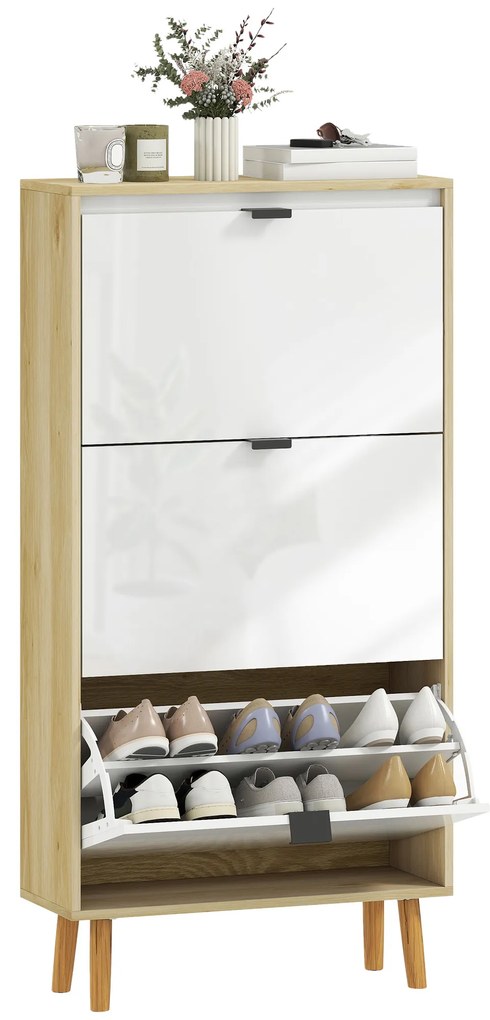 HOMCOM Dulap pentru pantofi, dulap îngust pentru pantofi, 3 sertare rabatabile, ușă înaltă lucioasă, 60x24x127cm, alb | Aosom Romania