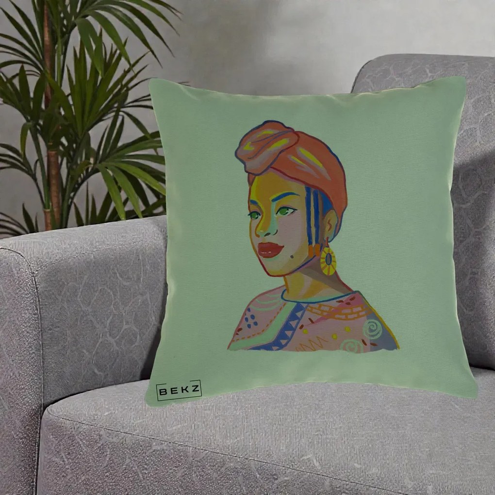 Perna Decorativa Portret Femeie Africana, 40x40 cm, Verde, Husa Detasabila, Perna Inclusa, BEKZ®