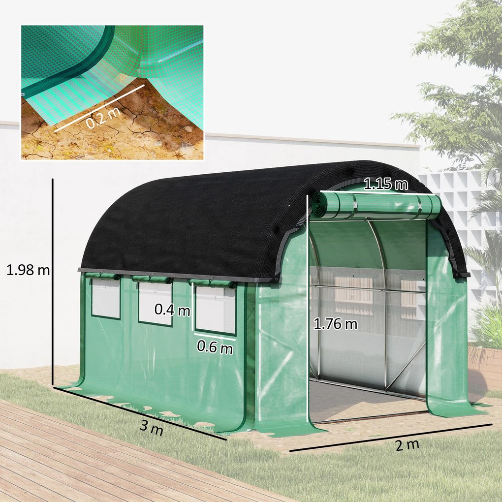 Outsunny Seră de Grădină Tunel 3x2x2 m cu Plasă de Umbrire, Seră pentru Legume și Flori cu 6 Ferestre, 2 Uși și Pereți Laterali Rulanți, Cadru din Oțel și Acoperire PE, Verde | Aosom Romania