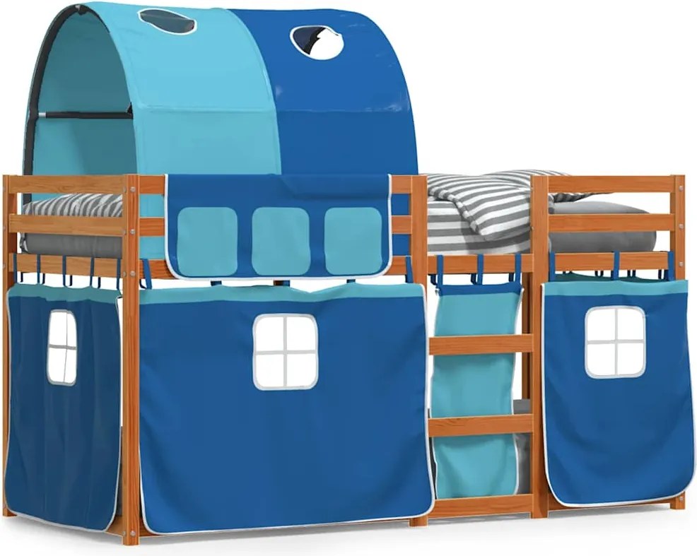 vidaXL Pat supraetajat cu perdele, albastru, 80x200 cm, lemn masiv pin