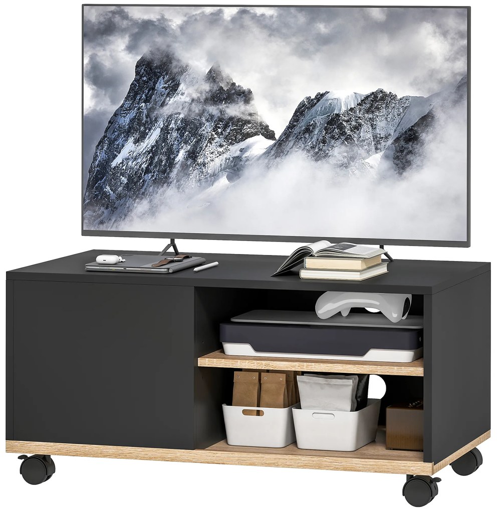 HOMCOM Stand TV pe Roți cu 2 Frâne - 2 nișe + Dulap cu Ușă 2 Treceri pentru Cablu - din Lemn Negru și Stejar Deschis | Aosom Romania