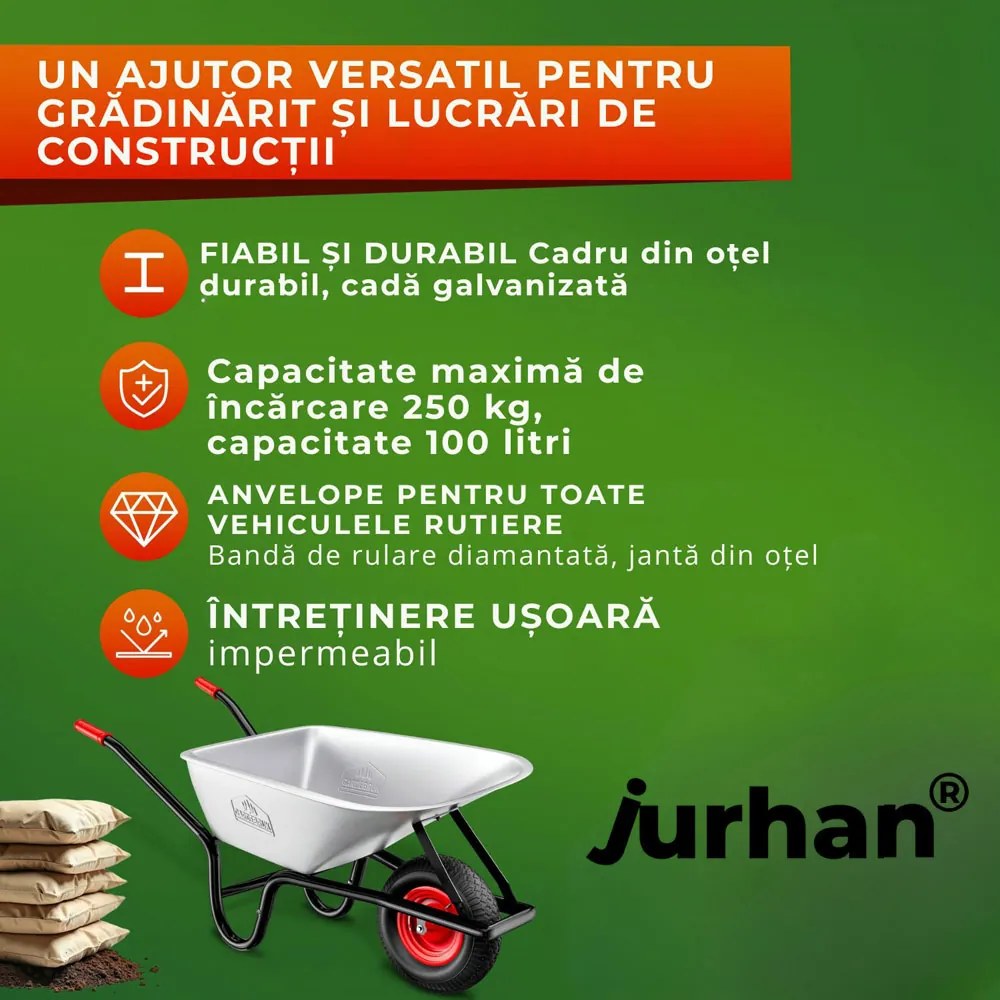 Roabă BARRY zincată, capacitate max. 100l/250kg, argintiu/negru Gardebruk