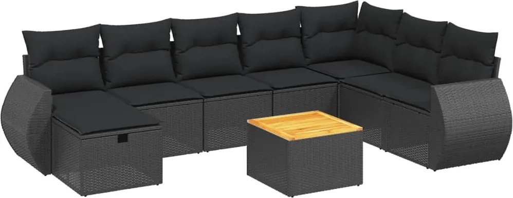 vidaXL Set mobilier de grădină cu perne, 9 piese, negru, poliratan