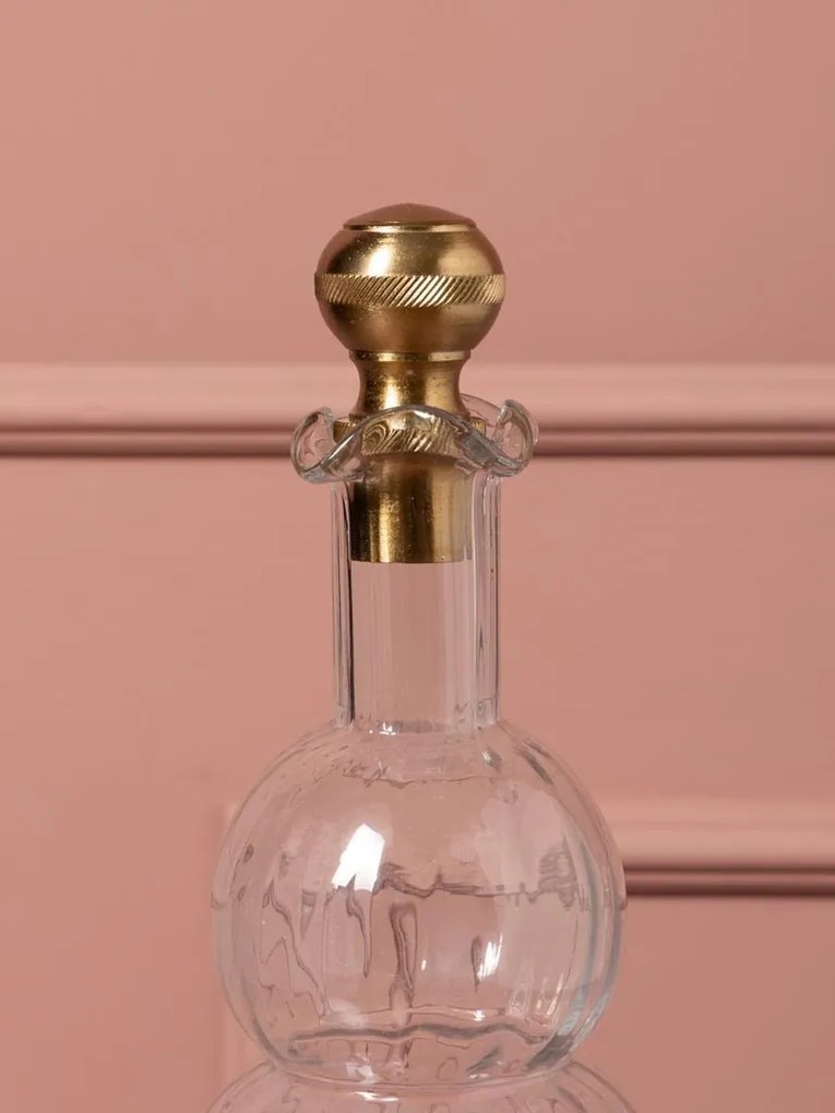 Set 2 sticle decorative din sticlă canelată cu capac sferic din alamă antichizată, 33 × 10 cm, „Flacon"