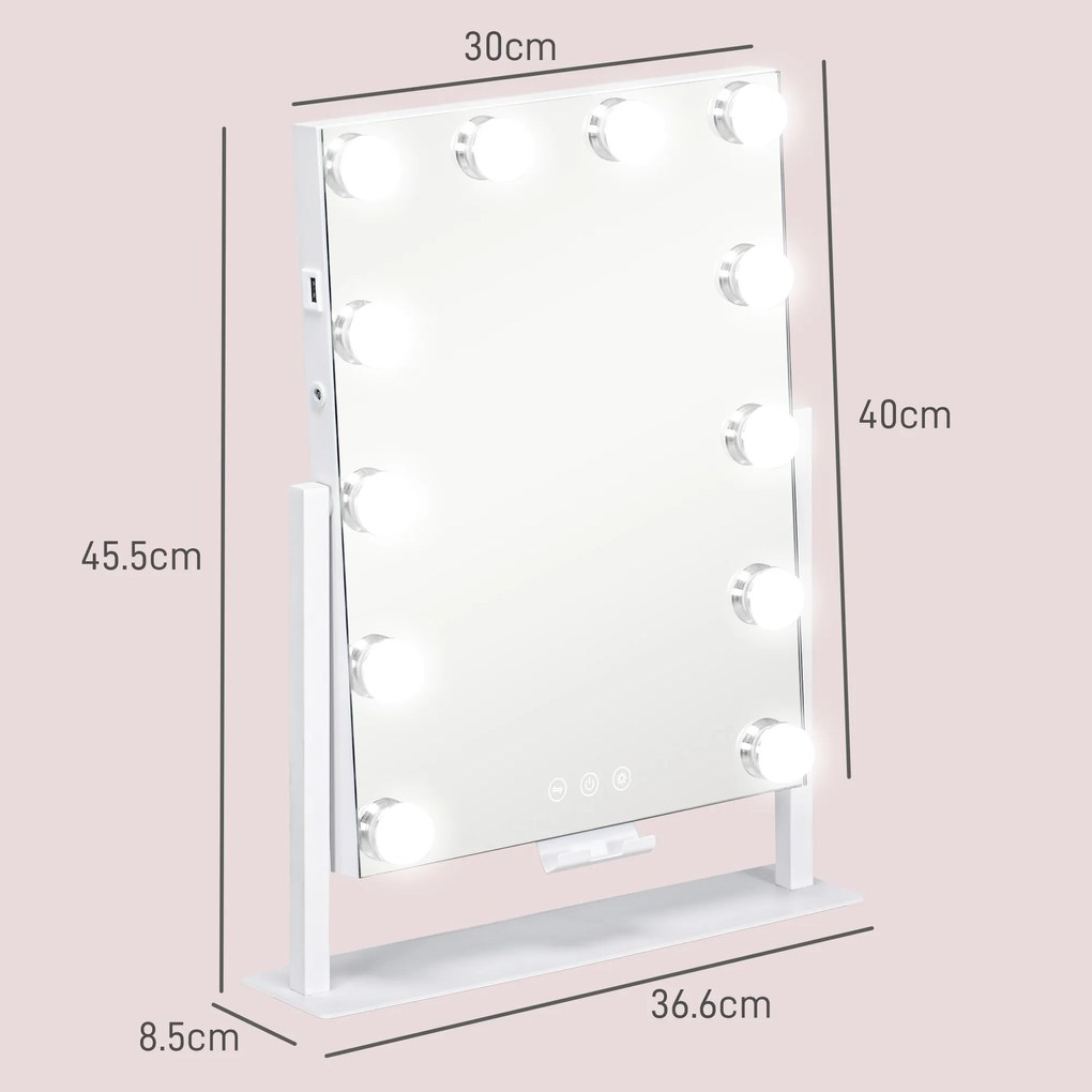 HOMCOM Oglindă Hollywood cu 12 becuri LED, luminos reglabil, rotație la 360°, magnificare 10X, atingere tactilă, alb | Aosom Romania