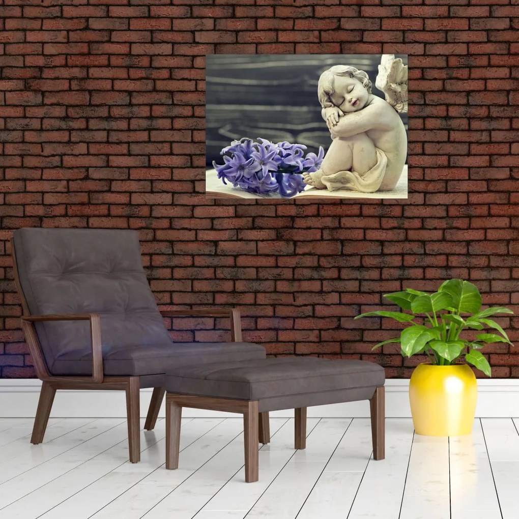 Tablou pe sticlă - Înger cu floare (70x50 cm)