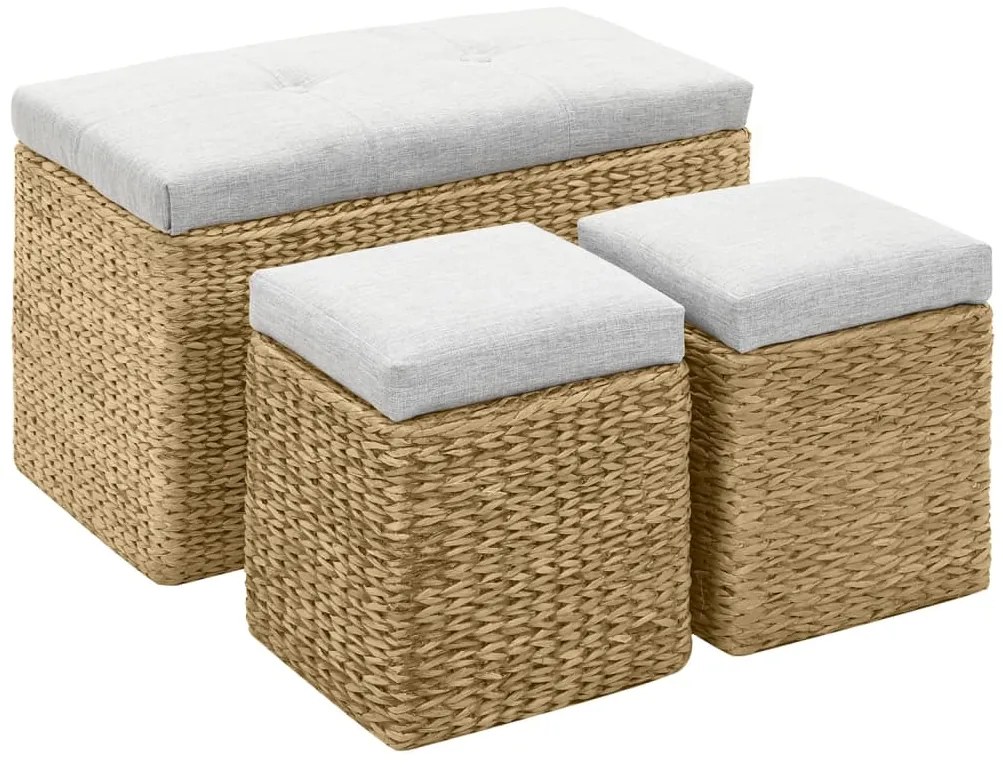 vidaXL Bancă cu 2 taburete, iarbă de mare, gri