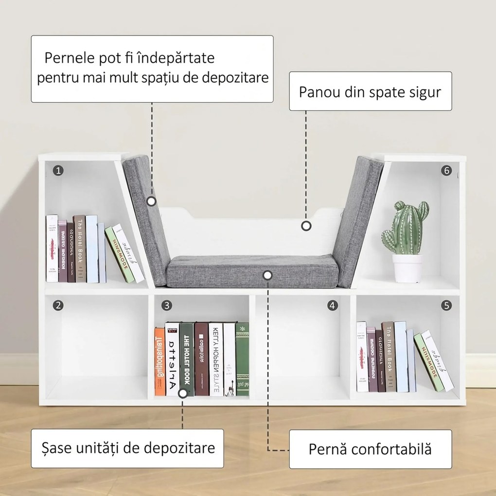 HOMCOM Bibliotecă 2 în 1 cu Perne Confortabile și 6 Compartimente, Mobilier Multifuncțional pentru Cărți și Jocuri, Raft cu 6 Cuburi pentru Sufragerie, Dormitor și Birou, 102x30x61 cm, Alb | Aosom Romania
