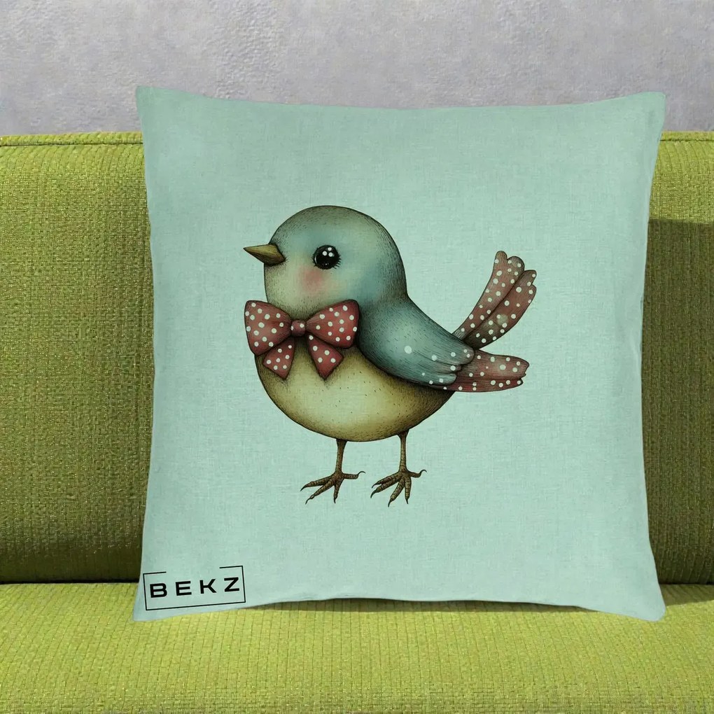 Perna Decorativa Pasare Bleu cu Fundita Rosie, 40x40 cm, Verde Menta, Husa Detasabila, Perna Inclusa, BEKZ®