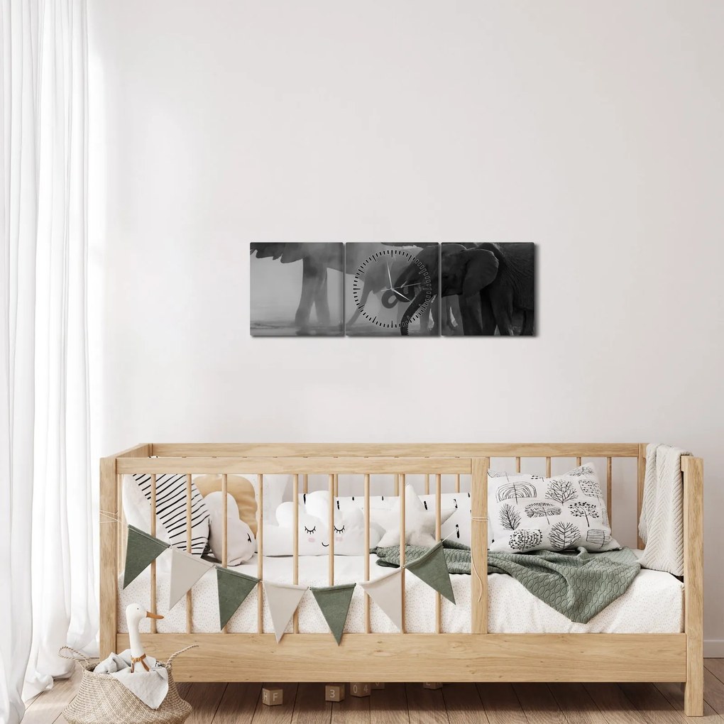 Tablou cu elefanți - albnegru (cu ceas) (90x30 cm)