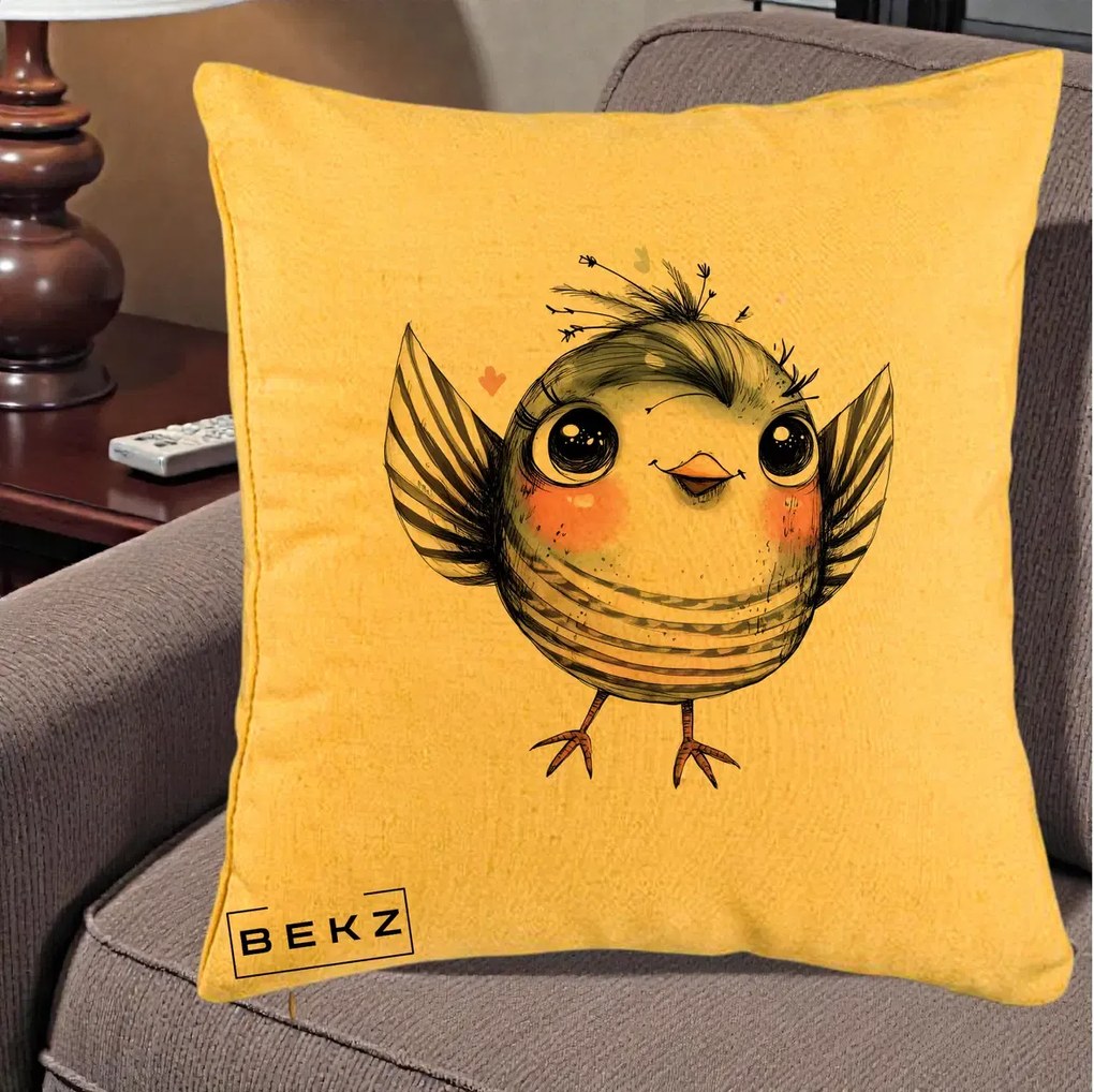 Perna Decorativa Pasare Gri cu Aripi si Inimioare, 40x40 cm, Galben, Husa Detasabila, Perna Inclusa, BEKZ®