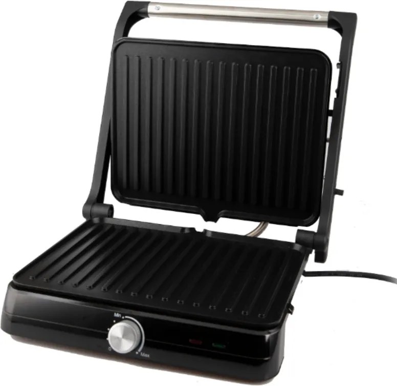 Gratar electric Rosberg R51442M, 2000W, Placi antiaderente-29x23 cm, Deschidere 180°C, Inox/Negru