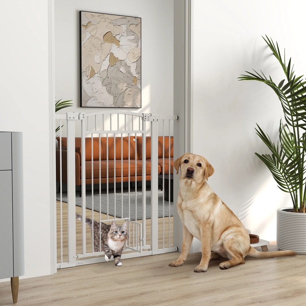 PawHut Poartă de Siguranță Extensibilă pentru Câini 76-104 x 106 cm, Deschidere cu O Singură Mână, Alb | Aosom Romania