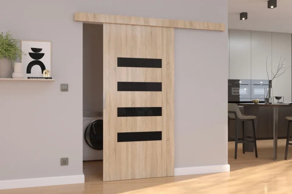 Ușă glisantă FORLI (Latime: 76 cm, Culoare: Sonoma /Negru Lacobel)
