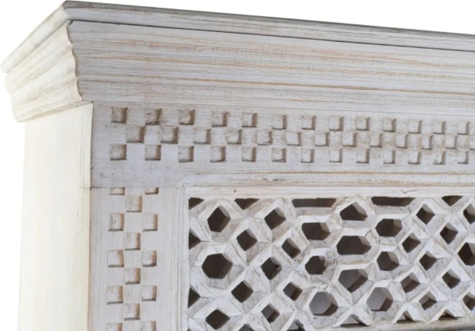 Bibliotecă sculptată din lemn masiv de mango, finisaj alb antichizat, 6 rafturi deschise, 180×40×200 cm, „Maharaja"
