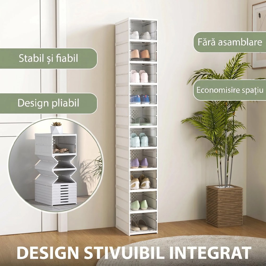 HOMCOM Pantofar Pliabil Slim, Modular, cu 10 Cutii pentru Pantofi, Economisire Spațiu, Fără Montaj, Alb | Aosom Romania