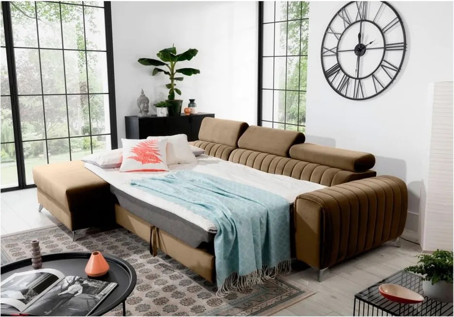 Colțar maro deschis extensibil/cu spațiu de depozitare cu tapițerie din catifea (cu colț pe partea stângă/cu șezlong) Grayson – ELTAP