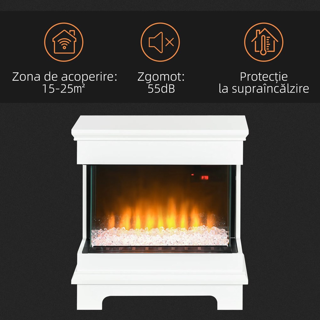 HOMCOM Șemineu Electric 1000W/2000W, Șemineu Electric Independent cu Telecomandă și Protecție la Supraîncălzire, 61x28x66,5 cm, Alb | Aosom Romania