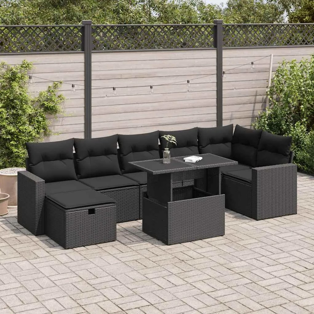 3327825 vidaXL Set mobilier de grădină cu perne, 8 piese, negru, poliratan