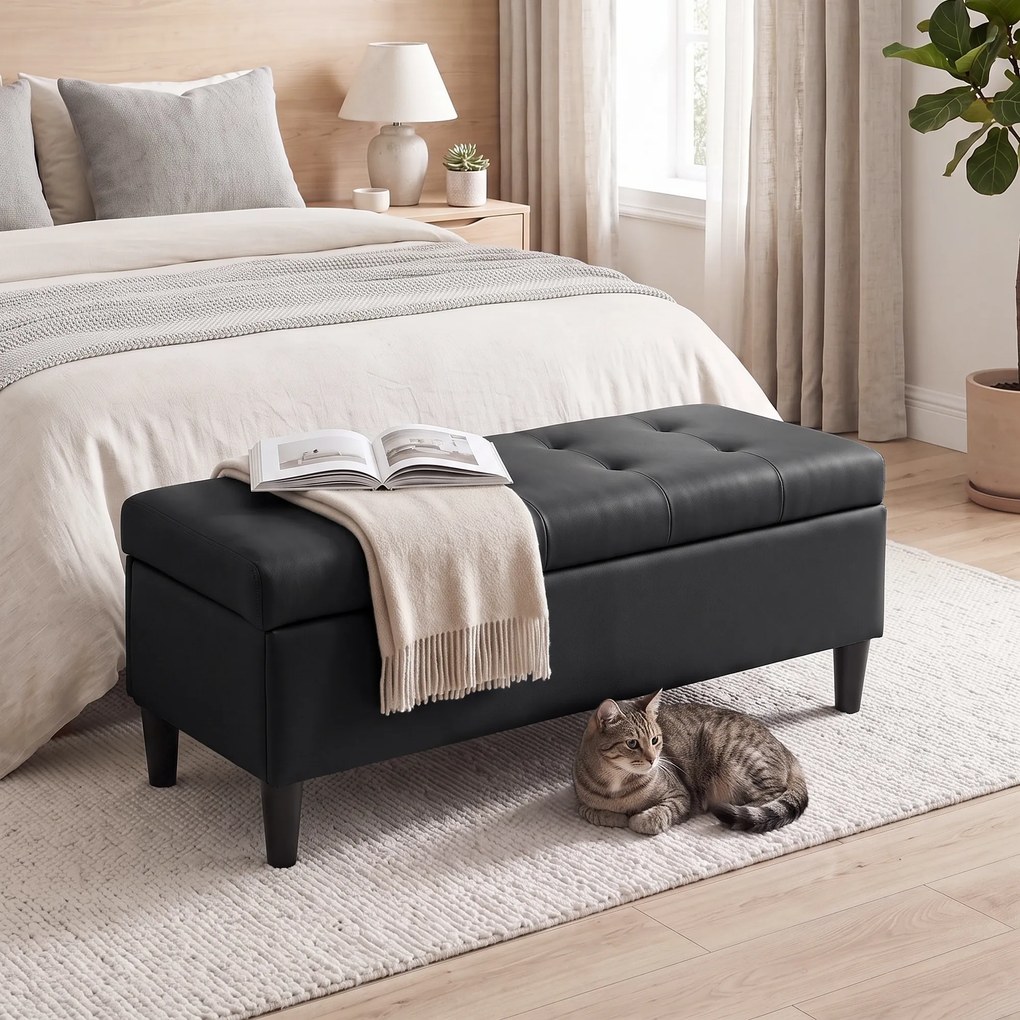 HOMCOM Bancă cu depozitare 136 L, taburet cu ladă 110x41x42 cm, piele ecologică pet-friendly, negru | Aosom Romania