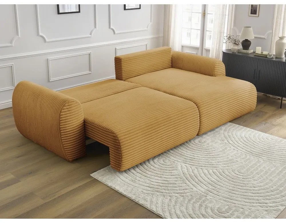 Colțar galben muștar extensibil cu tapițerie din catifea reiată (cu colț pe partea dreaptă) Lucien – Bobochic Paris