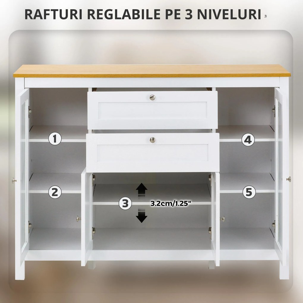 HOMCOM Comodă de Bucătărie, Mobilier de Bucătărie cu 2 Sertare, 3 Dulapuri, Blat de Lucru din Caucciuc, Bufet cu Uși din Sticlă, Rafturi Ajustabile, pentru Sufragerie, 120x40x90cm, Alb | Aosom Romania