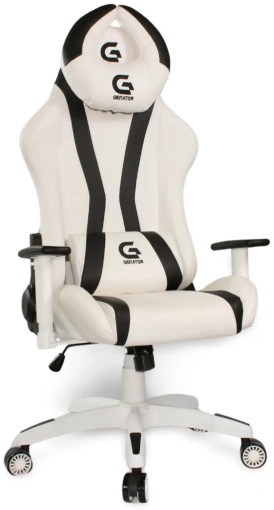 Scaun gaming, ergonomic, masaj pernă lombară, brațe reglabile 2D, piele PU, roți silențioase, rezistent 150 KG, Alb/Negru