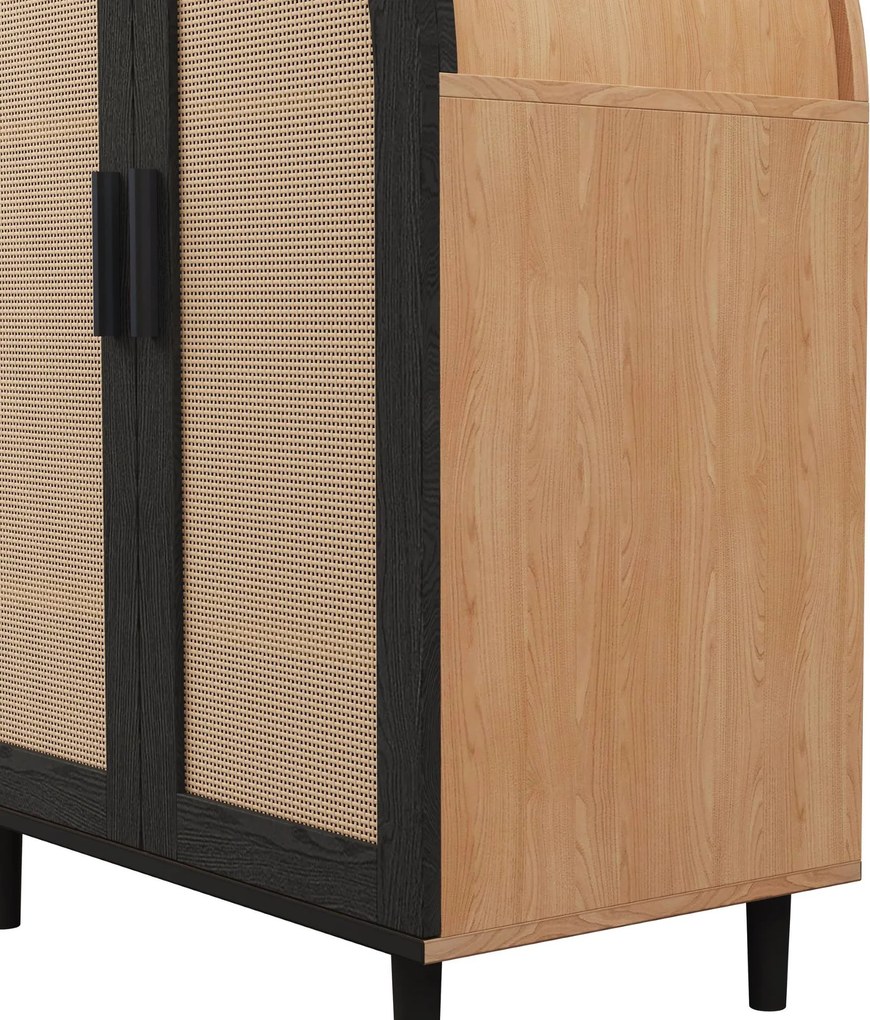 Dulap pentru pantofi cu exterior rotunjit, uși din ratan decupate și 3 rafturi, 70x40x100 cm, Culoare naturală+Negru