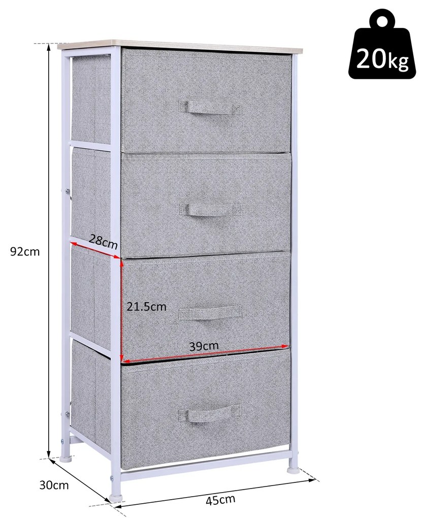 Homcom Mobila Container cu 4 Sertare din Lin Panou Sasiu in Otel Vopsea Praf Raft Superior in MDF Max:25 kg 45x30x92cm