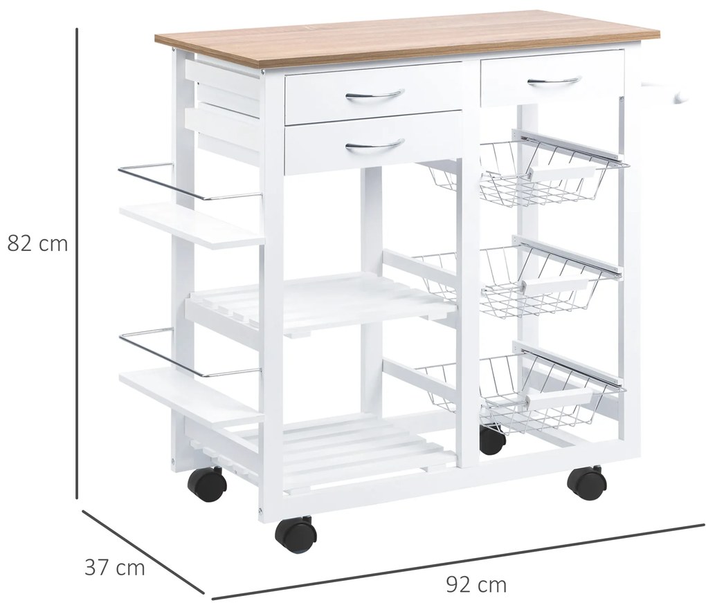 Carucior de Bucatarie HOMCOM, lemn MDF alb | Aosom Romania