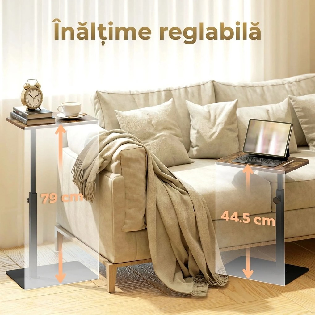 HOMCOM Măsuță laterală în formă de C, reglabilă pe înălțime, pentru canapea și pat, metal, maro rustic | Aosom Romania