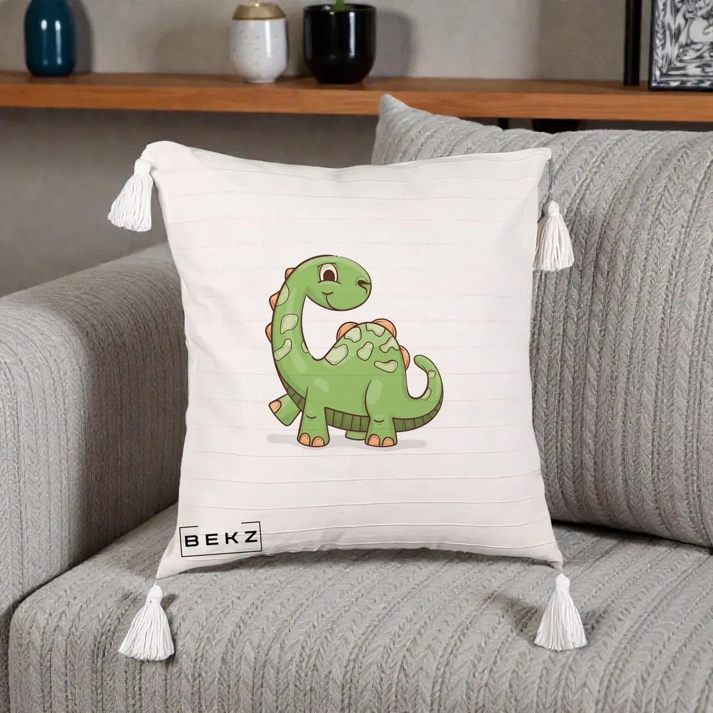 Perna Decorativa Brontosaur Verde Simpatic, 40x40 cm, Bej cu Franjuri, Husa Detasabila, Perna Inclusa, BEKZ®