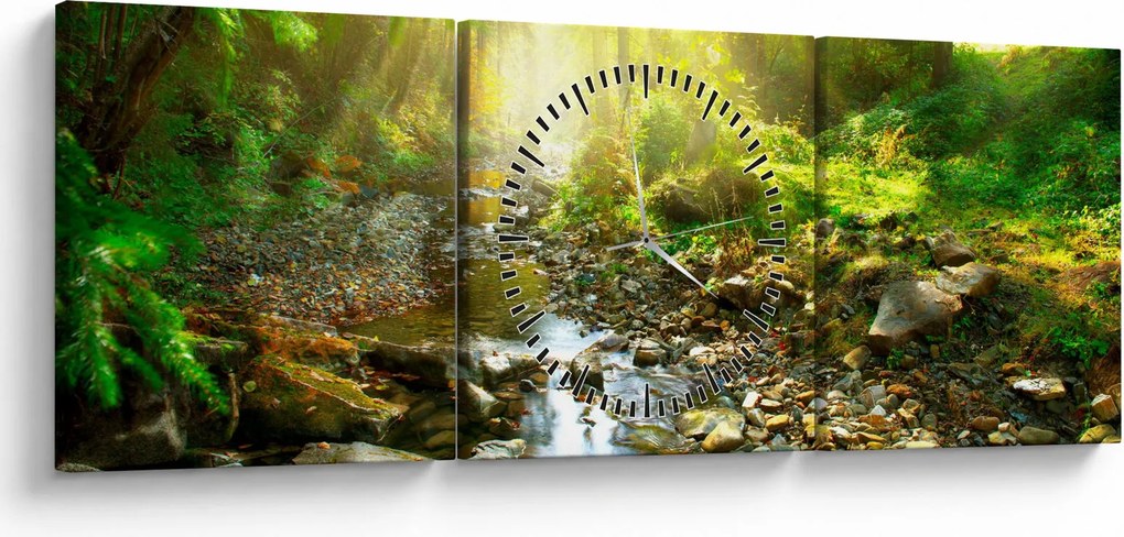 Tablou cu râul în pădurea verde (cu ceas) (90x30 cm)