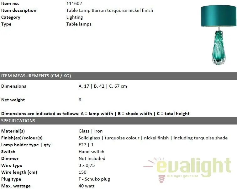Veioza eleganta design LUX Barron, turcoaz 111602 HZ