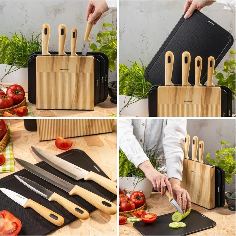 Set de cuțite și tăvi de tăiat Klausberg KB 9037, 8 piese, oțel inoxidabil, suport, maro/negru