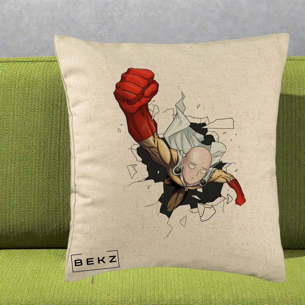 Perna Personalizata One Punch Man Saitama Pumn, 40x40 cm, Bej, Husa Detasabila, Perna Inclusa, BEKZ®