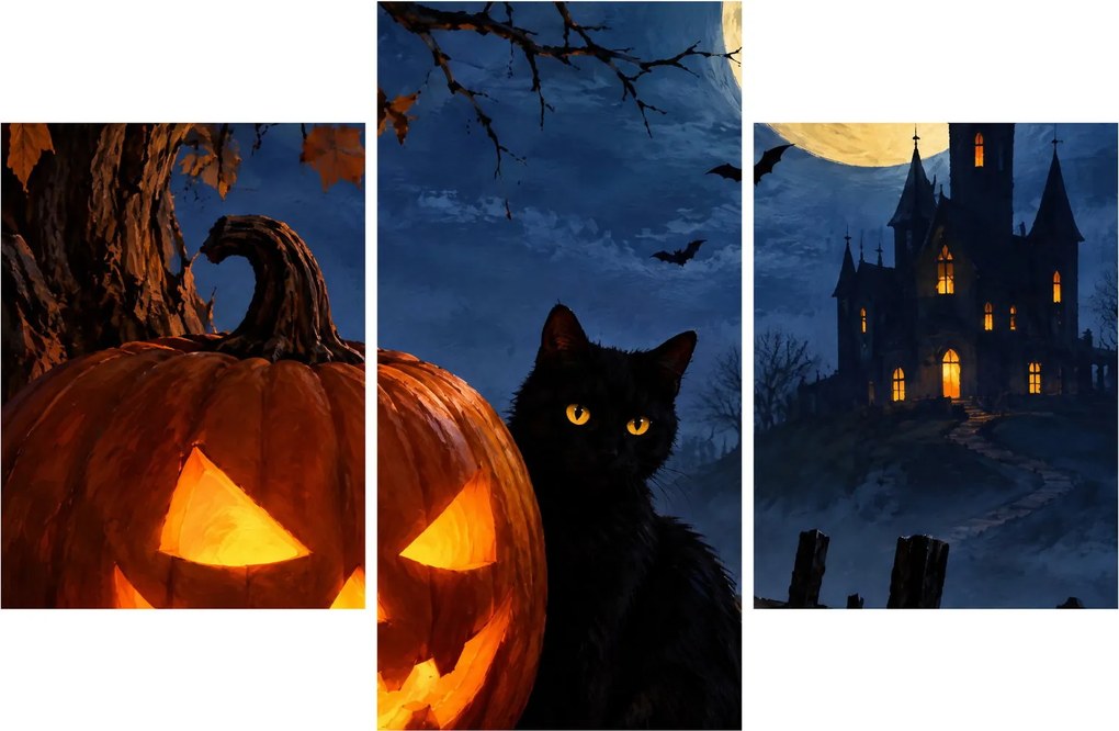 Tablou - Pisică neagră lângă un dovleac luminat de Halloween (90x60 cm)