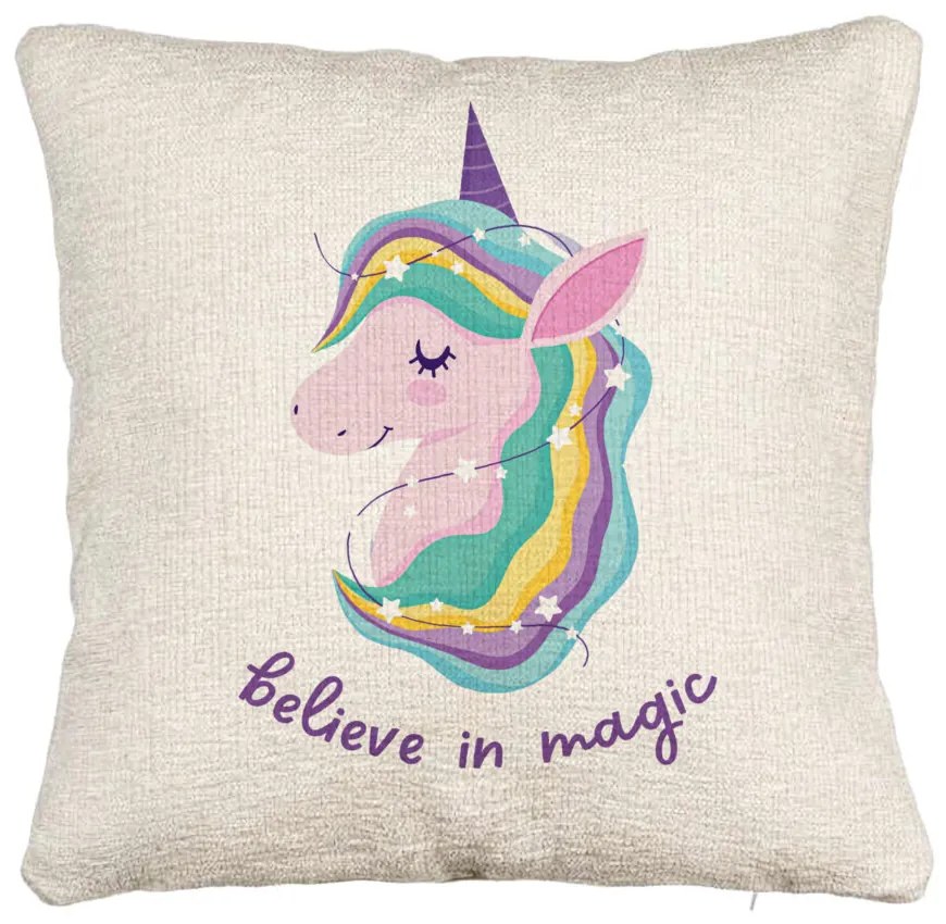 Perna Decorativa Canapea, Model Unicorns Believe in Magic, 40x40 cm, Cu fermoar