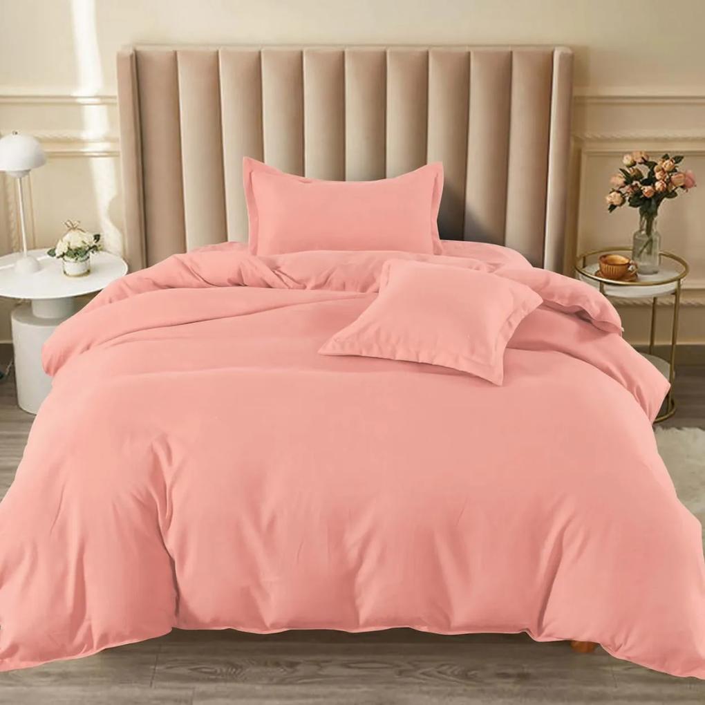 Lenjerie de pat cu elastic, tesatura tip finet, uni, pat 1 persoana, 4 piese, roz, T60-66