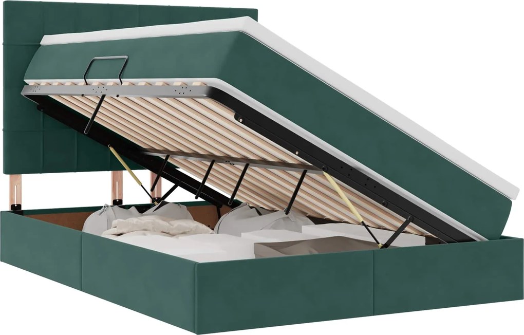 vidaXL Pat cu saltea și LED cu led Verde închis 140 x 190 cm Catifea