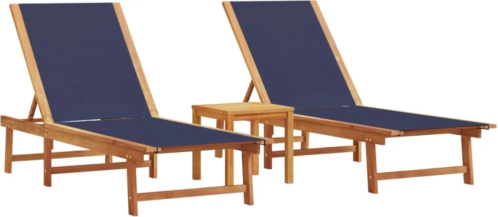 vidaXL Șezlonguri 2 buc. albastru cu masă lemn masiv acacia/textilenă