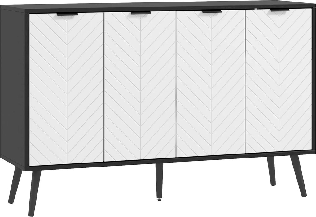 HOMCOM Bufet cu 4 uși Bufet pentru living Rafturi reglabile Picioare din lemn pentru bucătărie Alb și Negru 120x35x77,4 cm | Aosom Romania