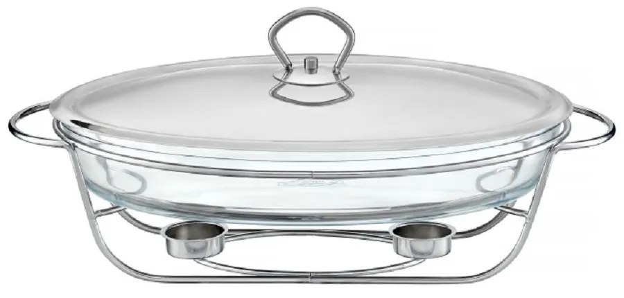 Vas termorezistent cu incalzitor 3L, suport si capac argintiu, chafing dish, Helios