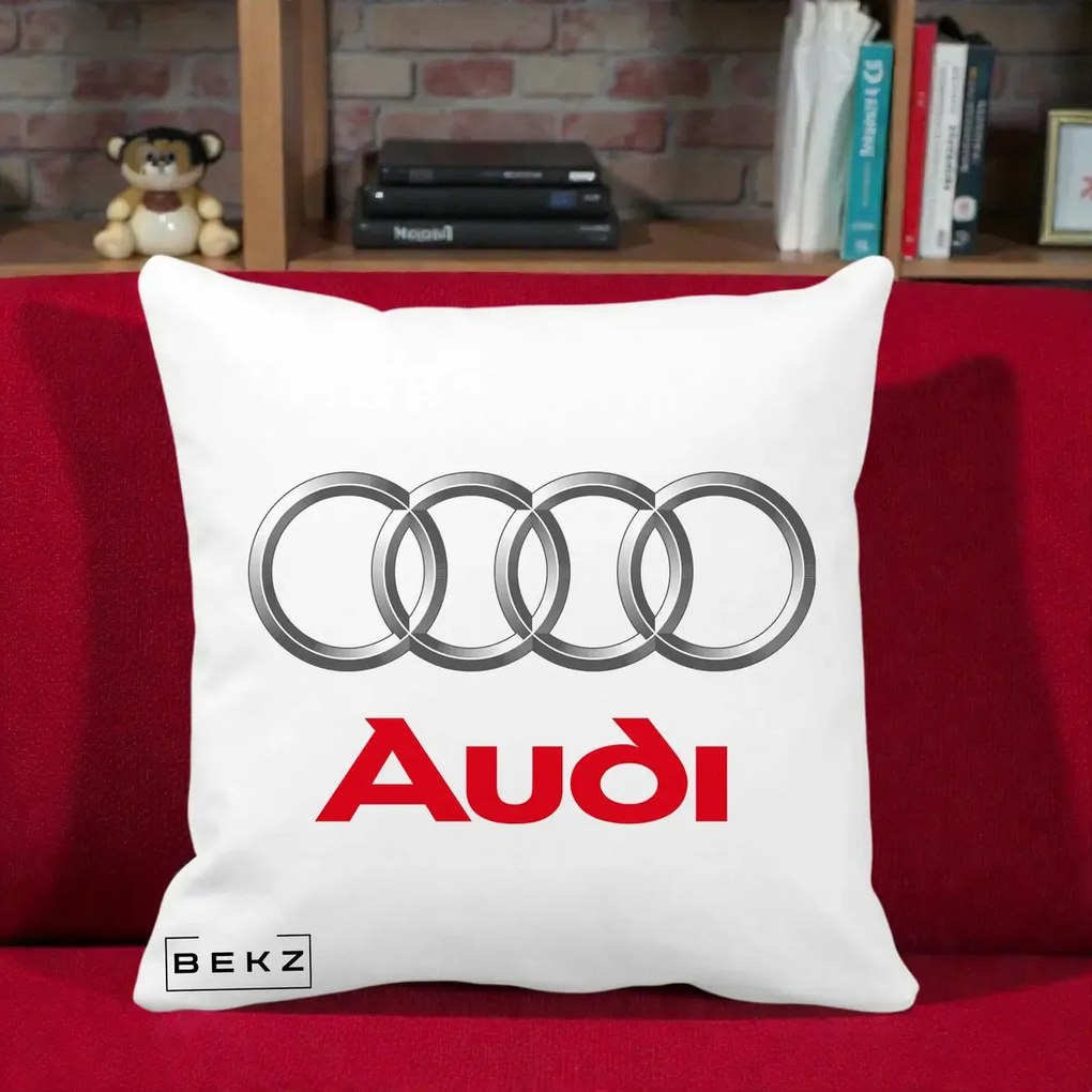 Perna Personalizata cu emblema Audi, 40x40 cm, Alba Mata, Husa Detasabila, Perna Inclusa, BEKZ®