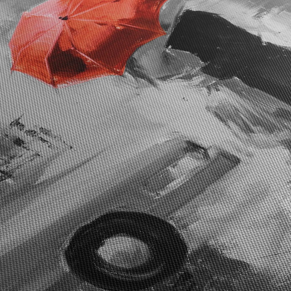Tablou - Cuplu în dragoste sub o umbrelă, roșu (cu ceas) (90x30 cm)